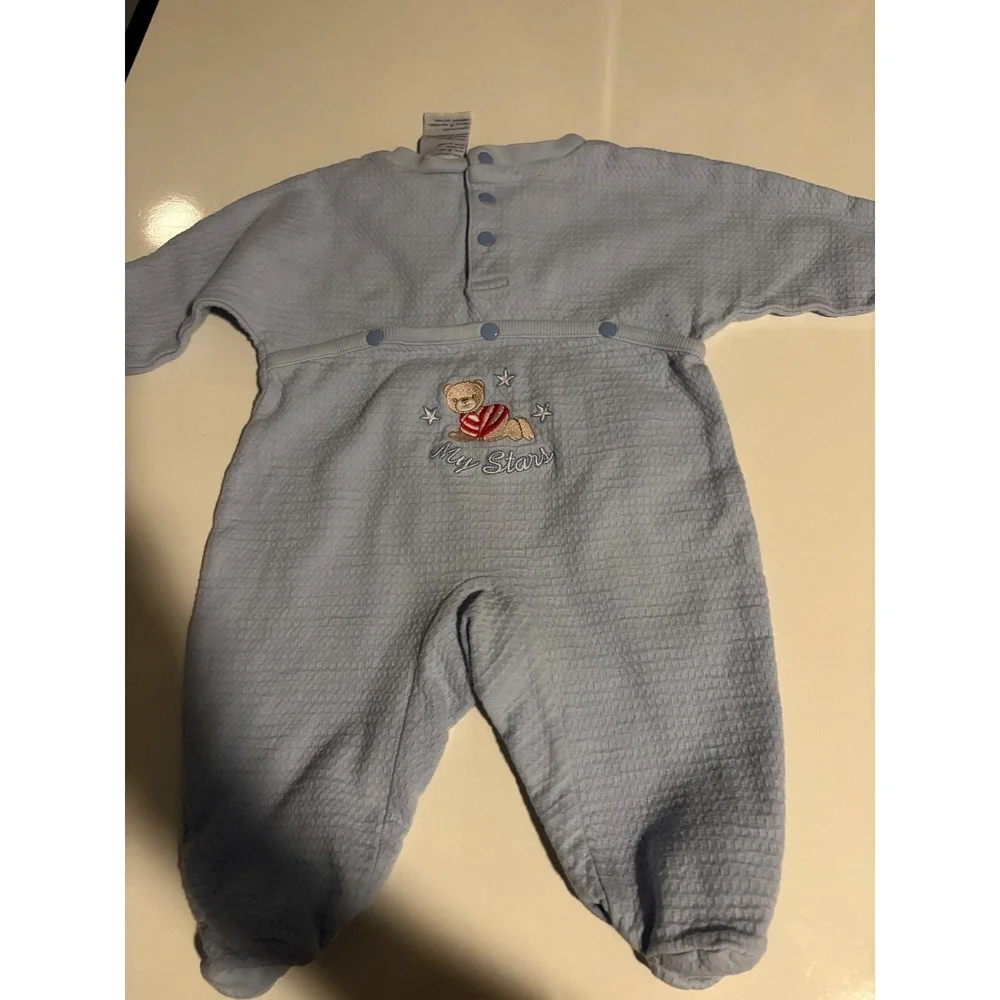 My Stars Baby Blue Quilted Footie Pajamas Sleepers Teddy Bear‎ Stars 6 Months